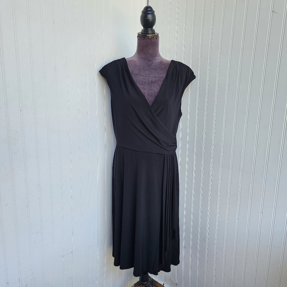 Lauren Ralph Lauren Womens Stretch Black Faux Wrap V-Neck Cap Sleeve Dress Sz 14